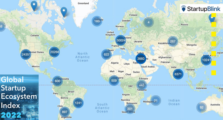Global Startup Ecosystem Index 2022 map